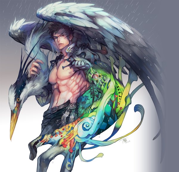 Anime picture 1452x1400 with original yilee short hair simple background brown hair sitting signed grey eyes topless rain muscle sitting on person shirtless boy earrings animal bird (birds) water drop crane (bird)