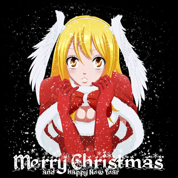 Anime picture 1000x1000 with fairy tail lucy heartfilia juviaaa single blush fringe breasts simple background blonde hair brown eyes lips alternate costume black background snowing christmas head wings merry christmas girl gloves wings