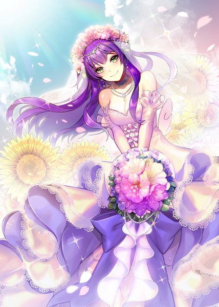 Anime picture 1069x1498 with original eu (euspia) single long hair tall image looking at viewer breasts smile bare shoulders green eyes sky cleavage purple hair cloud (clouds) head tilt sparkle floral background girl dress gloves