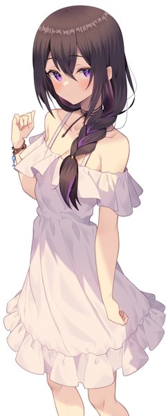 Anime picture 1620x4000 with original jun (aousa0328) single long hair tall image looking at viewer blush fringe black hair simple background hair between eyes standing white background purple eyes bare shoulders payot braid (braids) multicolored hair arm up two-tone hair