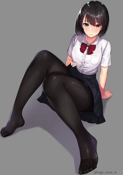 Anime picture 1251x1770 with original kagematsuri single tall image looking at viewer blush fringe short hair breasts light erotic black hair simple background hair between eyes sitting brown eyes signed payot full body bent knee (knees) pleated skirt