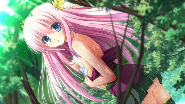 Anime picture 1280x720 with sengoku hime 4 long hair blush blue eyes light erotic wide image pink hair game cg girl skirt plant (plants) miniskirt tree (trees)