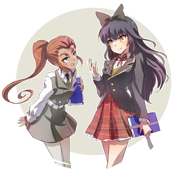 Anime picture 1812x1756 with rwby rooster teeth blake belladonna ilia amitola iesupa long hair highres open mouth blue eyes black hair smile brown hair multiple girls holding yellow eyes ponytail long sleeves :d leaning leaning forward