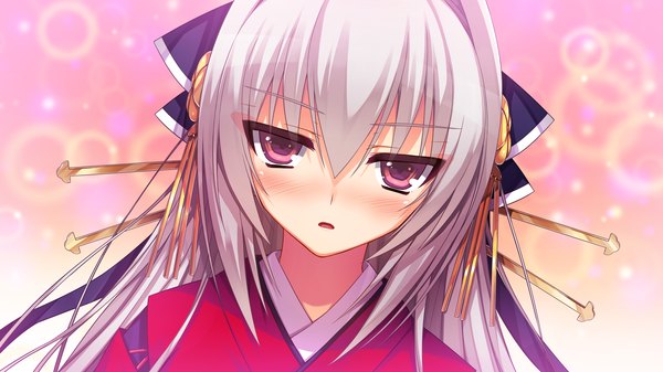 Anime picture 2560x1440 with reminiscence re daizenji suzuka tomose shunsaku single long hair looking at viewer blush highres open mouth wide image purple eyes game cg white hair traditional clothes japanese clothes girl hair ornament kimono