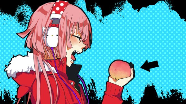 Anime picture 1280x720 with vocaloid nekomura iroha long hair blush open mouth wide image holding pink hair eyes closed profile wallpaper blue background polka dot girl choker headphones hood wire (wires) peach directional arrow