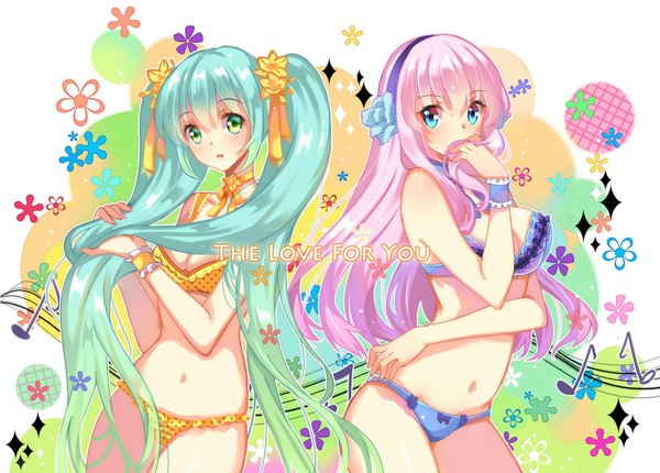 イラスト 1000x717 と ボーカロイド 初音ミク 巡音ルカ zonana 長髪 カメラ目線 赤面 開いた口 青い目 light erotic ツインテール multiple girls 緑の目 ピンク髪 aqua hair underwear only polka dot 女の子 下着 パンティー