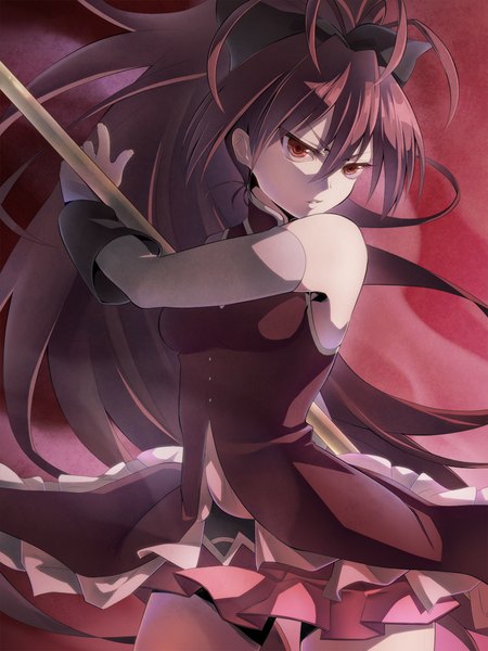 Anime picture 800x1067 with mahou shoujo madoka magica shaft (studio) sakura kyouko hattori (junoct2000) single long hair tall image red eyes bare shoulders ponytail red hair girl dress bow weapon hair bow detached sleeves