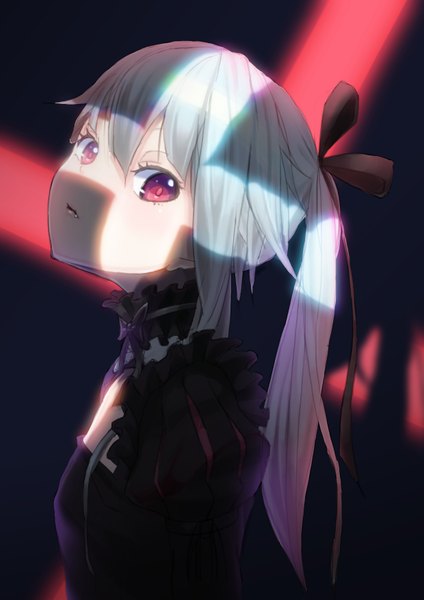 Anime picture 2480x3508 with bishoujo mangekyou (game) omega star kagarino kirie fukurou (suga0930) single long hair tall image looking at viewer highres red eyes twintails silver hair fang (fangs) shaded face girl dress