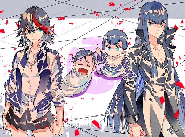 Anime picture 900x667 with kill la kill studio trigger matoi ryuuko kiryuuin satsuki funpjinju long hair fringe short hair blue eyes black hair signed blue hair looking away red hair multicolored hair open clothes open jacket two-tone hair streaked hair eyebrows