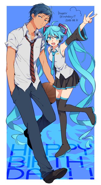 Anime picture 1000x1831 with kuroko no basket vocaloid production i.g hatsune miku aomine daiki tooru (jux) tall image looking at viewer short hair open mouth black hair standing twintails full body ahoge very long hair :d aqua eyes aqua hair armpit (armpits)