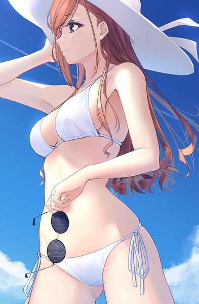 Anime picture 1260x1926 with idolmaster idolmaster shiny colors arisugawa natsuha puriketsu corgy single long hair tall image fringe breasts open mouth light erotic large breasts standing brown eyes looking away sky cloud (clouds) outdoors profile arm up