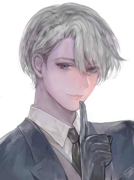 Anime picture 676x910 with yuri!!! on ice mappa viktor nikiforov tcb (pixiv) single tall image looking at viewer short hair blue eyes simple background white background signed light smile grey hair finger to mouth portrait boy gloves shirt black gloves