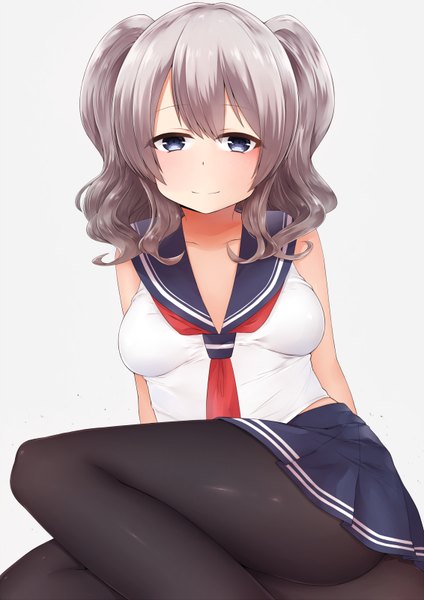 Anime picture 1132x1600 with kantai collection kashima training cruiser akky (akimi1127) single long hair tall image looking at viewer blush fringe breasts blue eyes light erotic simple background smile white background sitting pleated skirt grey hair sleeveless wavy hair