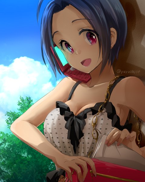 Anime picture 1280x1600 with idolmaster miura azusa yoshiyoshi (yuyu0805p) single tall image looking at viewer short hair open mouth smile bare shoulders signed blue hair sky cloud (clouds) pink eyes polka dot girl plant (plants) tree (trees) bag