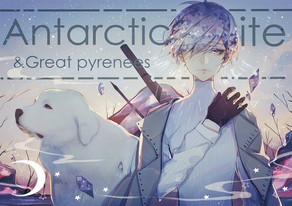Anime picture 850x601 with houseki no kuni antarcticite lococo:p single fringe short hair looking away silver hair hair over one eye alternate costume character names mountain clothes on shoulders androgynous hand on shoulder gloves earrings animal black gloves star (symbol)