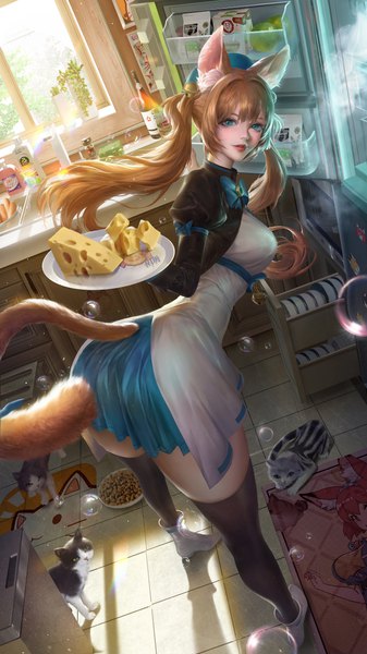 Anime picture 2796x4977 with original mr xior single long hair tall image looking at viewer fringe highres light erotic brown hair standing twintails animal ears payot ass indoors tail animal tail aqua eyes lips