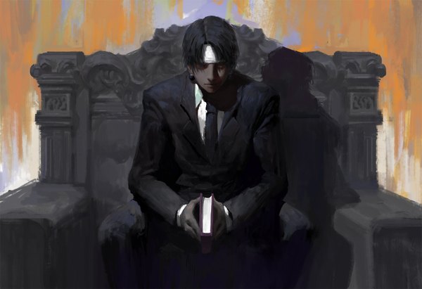 Anime picture 1576x1080 with hunter x hunter chrollo lucilfer diaodiao single looking at viewer fringe short hair black hair simple background sitting holding bent knee (knees) black eyes shadow orange background formal boy earrings shirt necktie