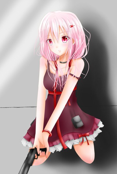 Anime picture 1247x1846 with guilty crown production i.g yuzuriha inori again8120 single long hair tall image blush pink hair pink eyes shadow girl hair ornament weapon bracelet hairclip gun sundress