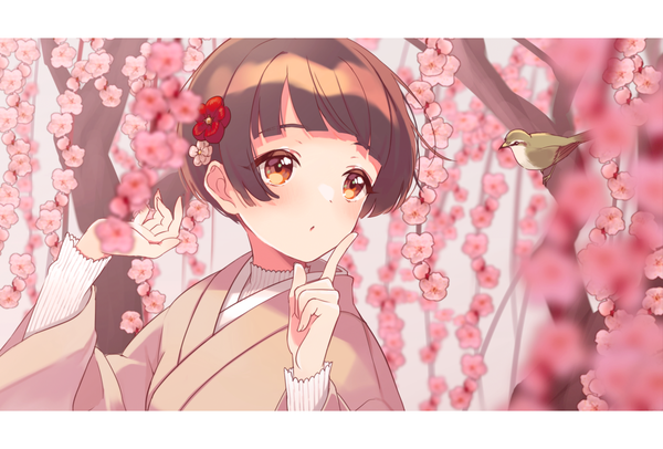 Anime picture 1920x1300 with original kamogawa akira single highres short hair brown hair looking away upper body traditional clothes japanese clothes :o turning head letterboxed bob cut plum blossoms girl hair ornament flower (flowers) animal kimono