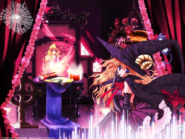 Anime picture 1280x960 with yami to boushi to hon no tabibito studio deen lilith (yamibou) blonde hair horn (horns) reflection witch girl gloves elbow gloves cat witch hat candle (candles) mirror spider web