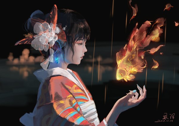 Anime picture 1414x1000 with original xiaobanbei milk single fringe short hair black hair signed looking away outdoors nail polish traditional clothes parted lips japanese clothes profile arm up fingernails lips blurry realistic hair bun (hair buns)