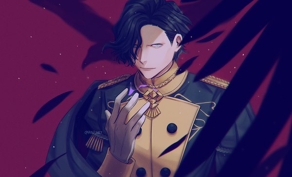 Anime picture 1680x1015 with fire emblem fire emblem: three houses nintendo hubert von vestra viol vrt single looking at viewer fringe short hair black hair wide image green eyes upper body hair over one eye twitter username boy gloves uniform white gloves feather (feathers)