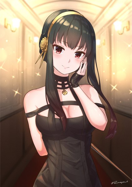 Anime picture 2482x3509 with spy x family yor briar s-masa 7131 single long hair tall image looking at viewer blush fringe highres breasts black hair smile red eyes large breasts standing bare shoulders signed indoors blunt bangs