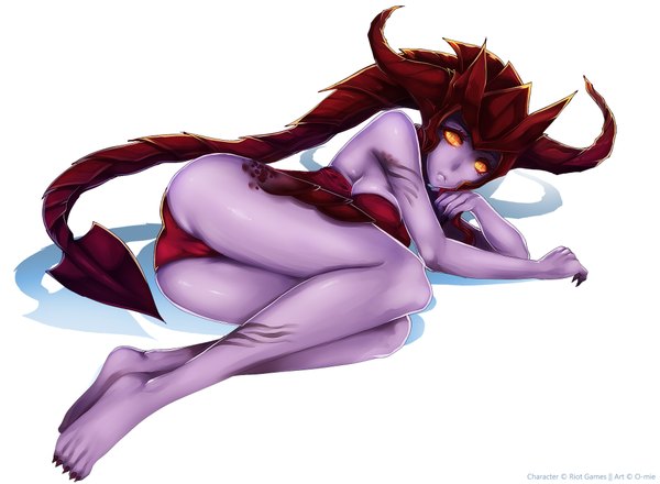 Anime picture 2000x1467 with league of legends shyvana (league of legends) o-mie (artist) single highres light erotic simple background white background ass horn (horns) shadow orange eyes reclining purple skin girl helmet