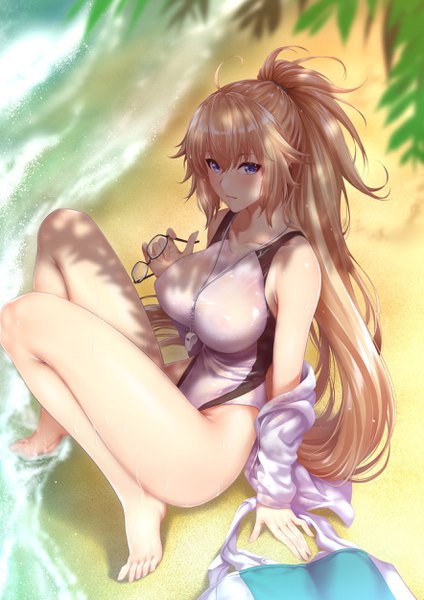 Anime picture 1765x2500 with fate (series) fate/grand order jeanne d'arc (fate) (all) jeanne d'arc (swimsuit archer) zucchini single long hair tall image looking at viewer blush fringe highres breasts blue eyes light erotic blonde hair hair between eyes large breasts sitting bare shoulders