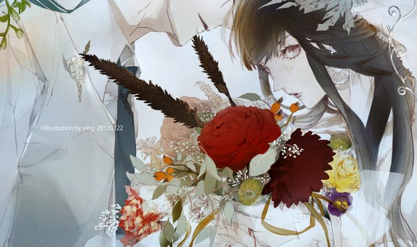 Anime picture 1500x891 with original ying (artist) single long hair looking at viewer blush open mouth black hair smile brown hair wide image brown eyes hair flower couple girl boy hair ornament flower (flowers) earrings necktie