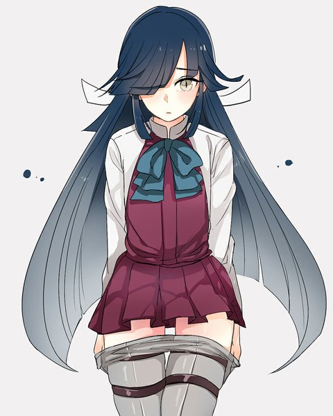 Anime picture 800x1000 with kantai collection hayashimo destroyer oniku (oishii oniku) single long hair tall image looking at viewer blush fringe light erotic black hair simple background yellow eyes hair over one eye grey background pantyhose pull girl skirt pantyhose skirt set