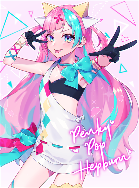 Anime picture 960x1300 with virtual youtuber the moon studio pinky pop hepburn peta (snc7) single long hair tall image blue eyes pink hair multicolored hair two-tone hair two side up streaked hair character names outstretched arm :p asymmetrical clothes girl gloves hair ornament