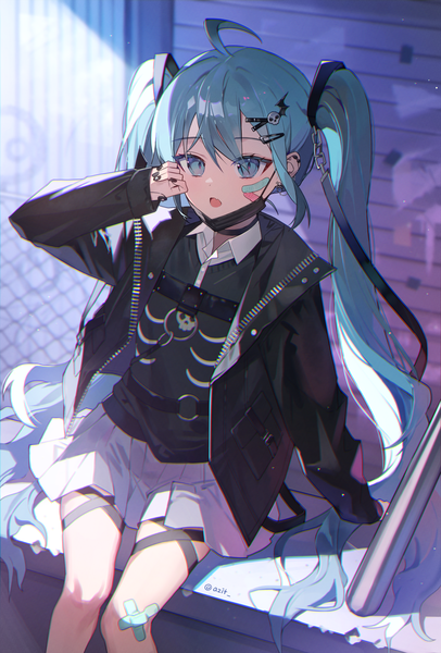 Anime picture 2400x3546 with vocaloid hatsune miku azit (down) single tall image highres open mouth twintails signed ahoge very long hair nail polish pleated skirt aqua eyes from above aqua hair open jacket twitter username bandaid on face bandaid on leg