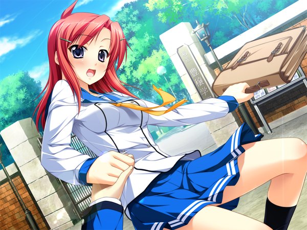 Anime picture 1200x900 with okitsune-sama no koisuru omajinai akiha yui looking at viewer short hair breasts open mouth purple eyes game cg red hair :d solo focus pov girl serafuku briefcase