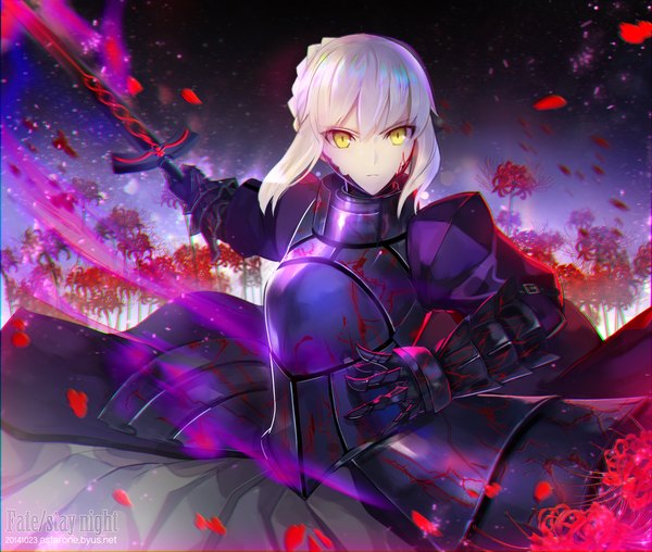 Anime picture 1200x1016 with fate (series) fate/stay night studio deen type-moon artoria pendragon (all) saber saber alter astarone single long hair looking at viewer fringe blonde hair standing yellow eyes braid (braids) glowing weapon girl flower (flowers) weapon