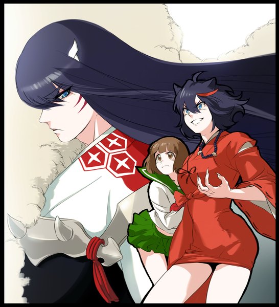 Anime picture 1633x1795 with kill la kill inuyasha studio trigger matoi ryuuko kiryuuin satsuki sesshomaru mankanshoku mako inuyasha (character) higurashi kagome dukehare long hair tall image fringe short hair blue eyes smile brown hair multiple girls brown eyes animal ears