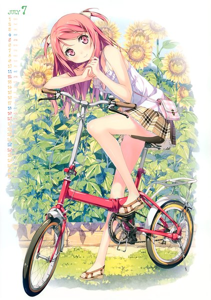 Anime picture 4914x6964 with original kurumi (kantoku) kantoku single long hair tall image looking at viewer blush highres smile pink hair absurdres pink eyes scan two side up calendar 2015 girl skirt flower (flowers) bag