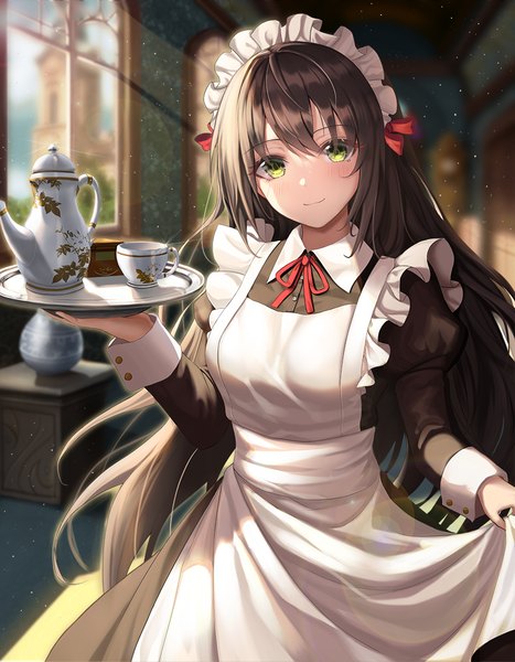 Anime picture 862x1108 with original mookyuu9 single long hair tall image looking at viewer blush fringe smile brown hair standing holding green eyes indoors long sleeves arm up maid light girl dress