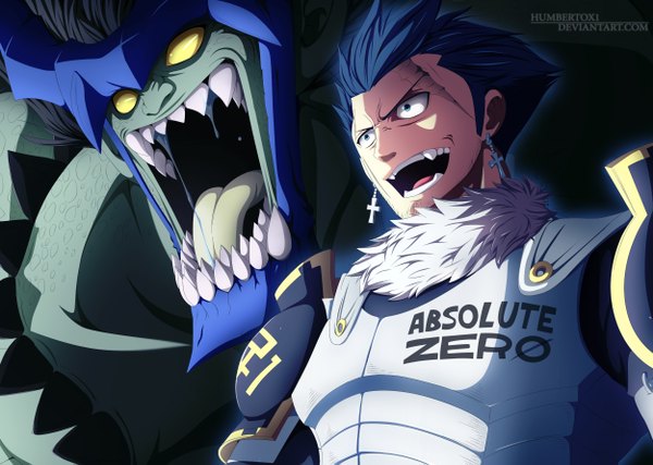 Anime picture 2500x1783 with fairy tail silver (fairy tail) humbertox1 highres short hair open mouth blue eyes black hair smile yellow eyes teeth coloring scar sharp teeth boy armor fur cross monster