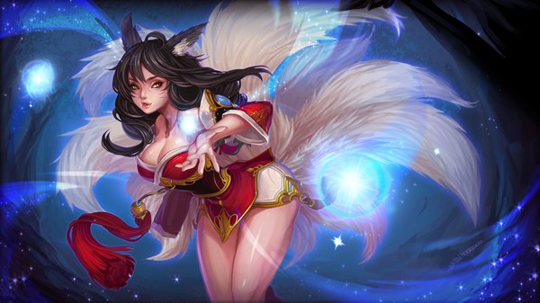 Anime picture 2000x1125 with league of legends ahri (league of legends) kaka cheung single long hair highres breasts light erotic black hair wide image large breasts animal ears yellow eyes looking away tail lips legs magic facial mark fox girl
