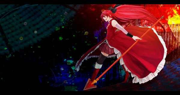 Anime picture 3060x1620 with mahou shoujo madoka magica shaft (studio) sakura kyouko single long hair highres open mouth red eyes wide image red hair girl thighhighs bow black thighhighs hair bow spear