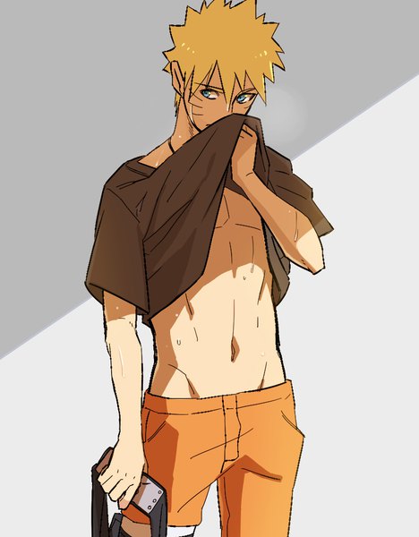 Anime picture 800x1024 with naruto studio pierrot naruto (series) uzumaki naruto curamubuono single tall image fringe short hair blue eyes simple background blonde hair hair between eyes standing holding looking away sweat groin facial mark covered mouth