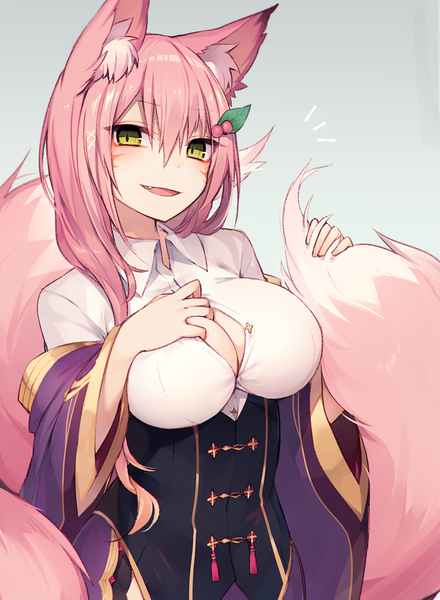 Anime picture 733x1000 with original muryotaro single long hair tall image looking at viewer fringe breasts open mouth light erotic simple background smile hair between eyes large breasts holding green eyes animal ears pink hair cleavage tail