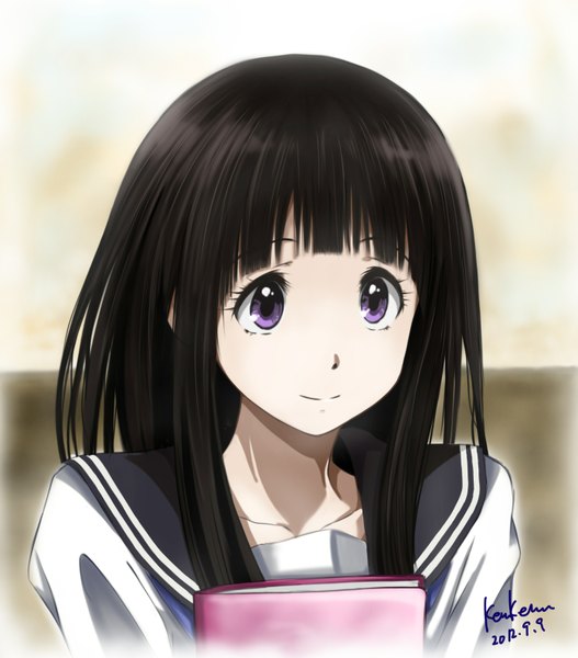 Anime picture 1393x1588 with hyouka kyoto animation chitanda eru kem kem single long hair tall image black hair purple eyes signed upper body girl serafuku