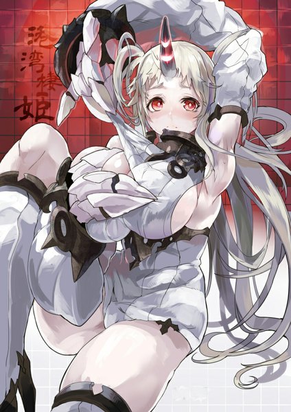 Anime picture 707x1000 with kantai collection seaport hime himuro (dobu no hotori) single long hair tall image looking at viewer blush breasts light erotic red eyes large breasts white hair arm up horn (horns) armpit (armpits) sideboob glowing pale skin oni horns