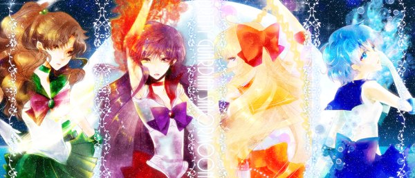 Anime picture 1415x608 with bishoujo senshi sailor moon toei animation kino makoto sailor venus sailor mars sailor mercury sailor jupiter dolcexxx long hair short hair blue eyes blonde hair brown hair wide image purple eyes multiple girls yellow eyes blue hair purple hair very long hair