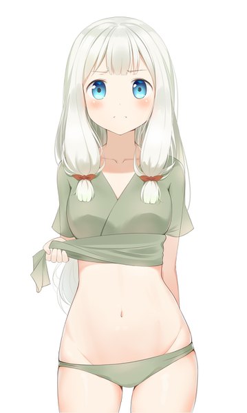 Anime picture 800x1336 with eromanga sensei a-1 pictures izumi sagiri linhe de chuangzi single long hair tall image looking at viewer blush fringe blue eyes light erotic simple background standing white background holding white hair groin arm behind back girl