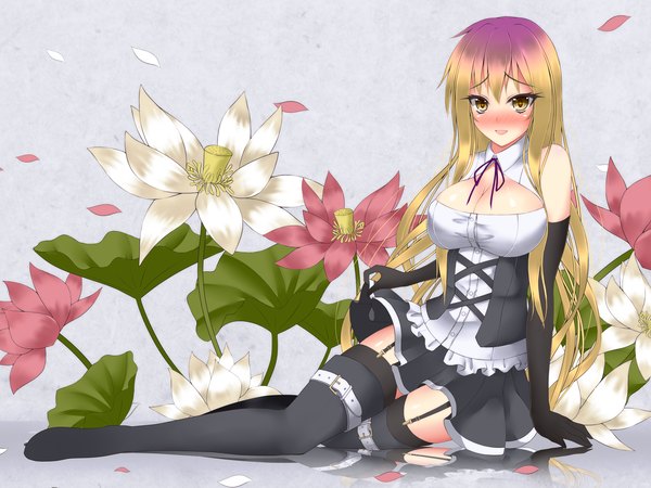 Anime picture 2000x1500 with touhou hijiri byakuren gmot long hair blush highres breasts open mouth light erotic blonde hair large breasts brown eyes cleavage multicolored hair two-tone hair girl thighhighs dress gloves flower (flowers)