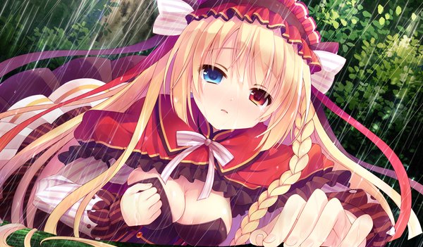 Anime picture 1024x600 with koisuru doll to omoi no kiseki towa (koisuru doll to omoi no kiseki) single long hair looking at viewer blush light erotic blonde hair wide image game cg tears heterochromia rain girl dress ribbon (ribbons) headdress