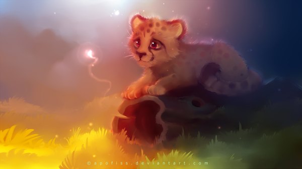 Anime picture 1920x1080 with original apofiss highres red eyes wide image wallpaper plant (plants) animal tree (trees) cat grass forest fireflies leopard